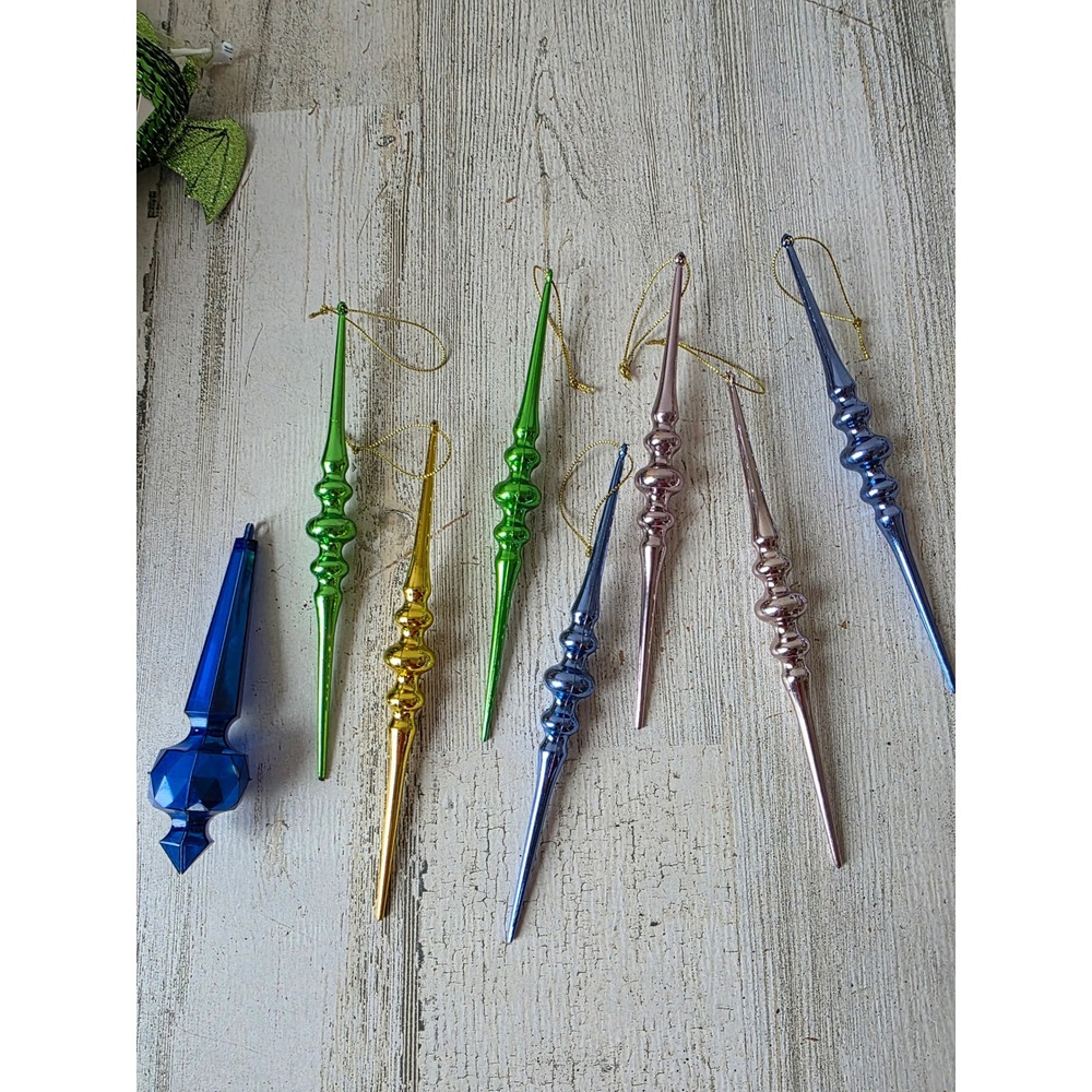 Vintage plastic icicle ornament green yellow purple Xmas tree